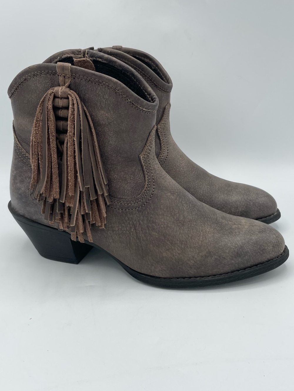 Ariat Duchess Taupe Fringe Western Leather Ankle Boots.
